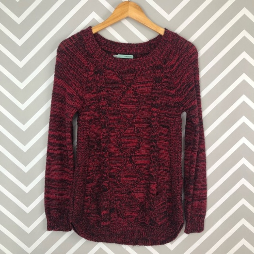 Maurice’s Red Black Cableknit Sweater Pockets SZ S